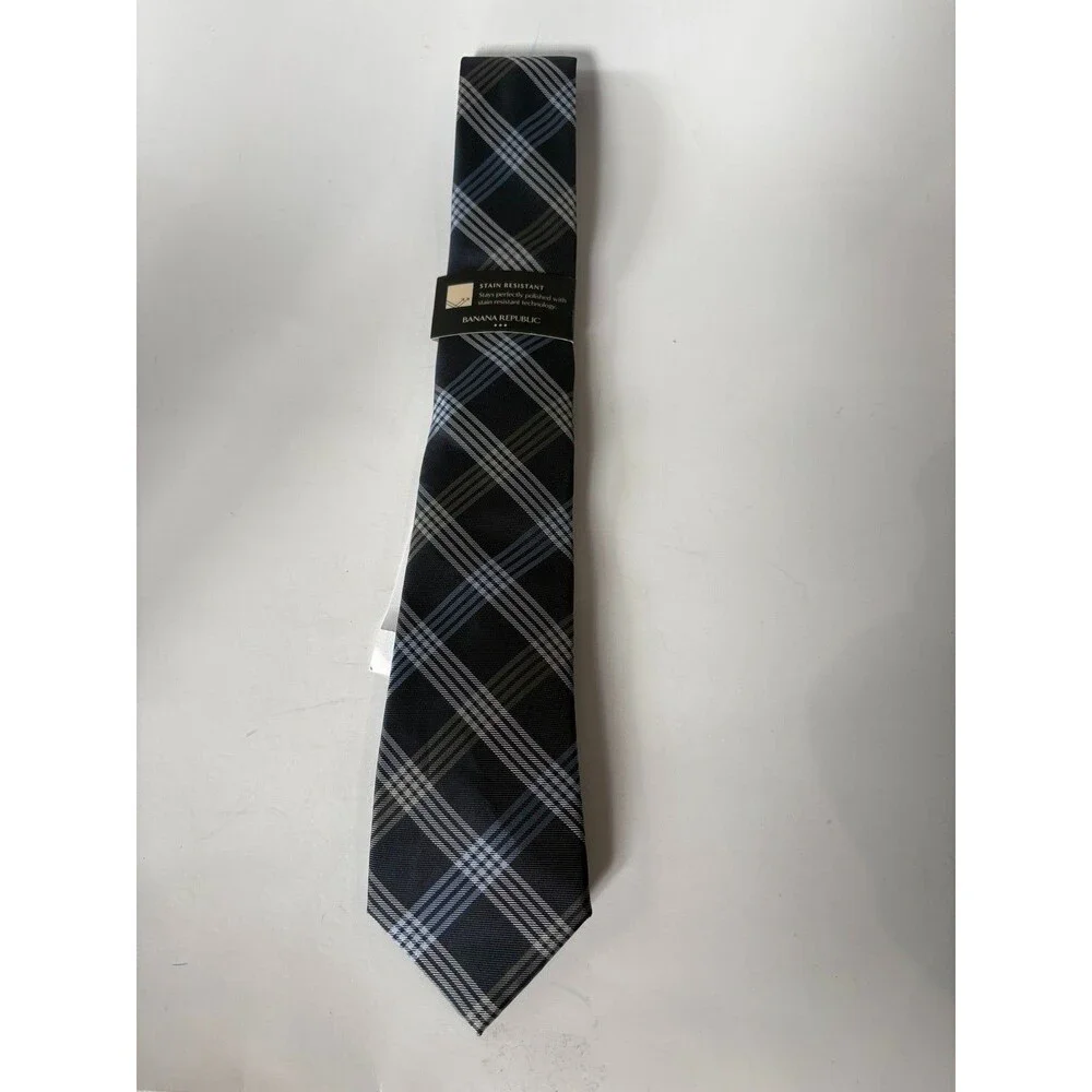Banana Republic Mens Plaid Tie NWT Black Blue Gray Stain Resistant $44.99